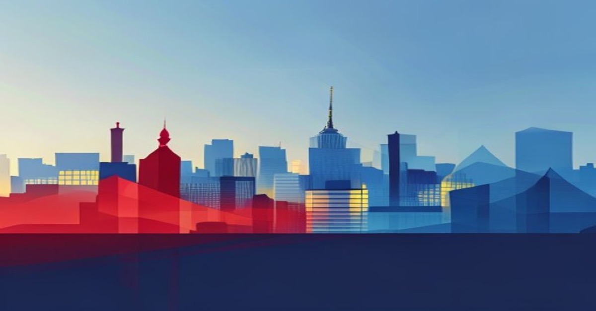 Abstract illustration of Luxembourg skyline with blue and gold tones representing company redomiciliation and seat transfer.