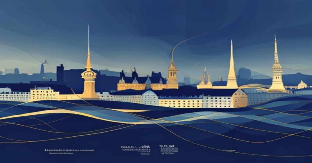 Illustration abstraite d'un compte courant d'associé au Luxembourg, skyline de Luxembourg, tons bleu et or, style corporate minimaliste.