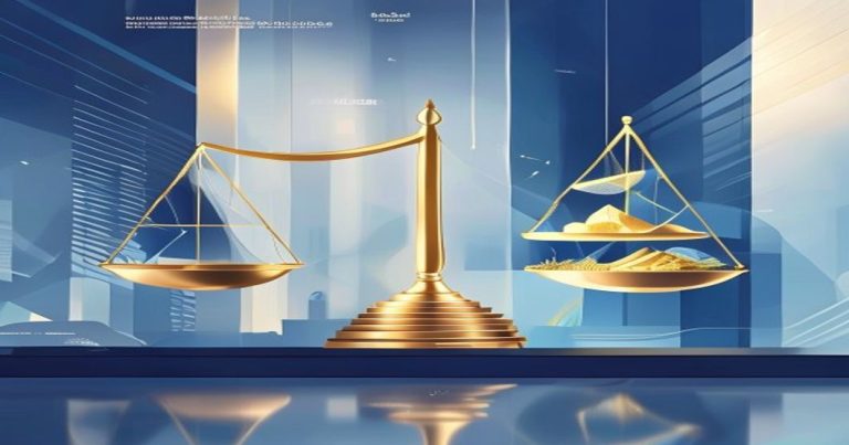Abstract illustration of a shareholder current account in Luxembourg, featuring a golden balance scale, corporate building, and capital flow in blue and gold tones.