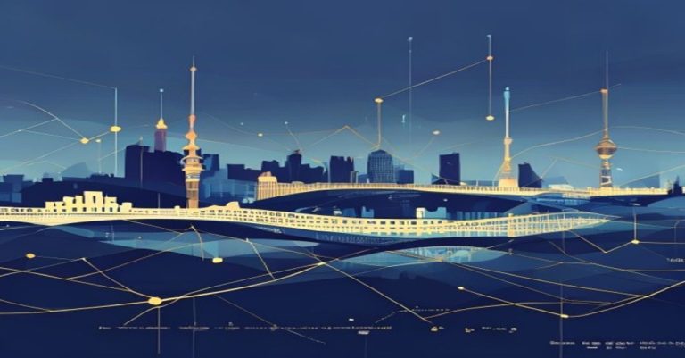 Illustration abstraite de stock options et ESOP au Luxembourg, avec skyline de la ville, tons bleu et or, style corporate minimaliste.