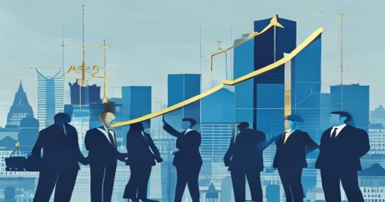 Illustration conceptuelle de stock options et ESOP au Luxembourg, avec clé dorée déverrouillant un graphique en hausse, silhouettes urbaines et professionnelles, tons bleu et or.