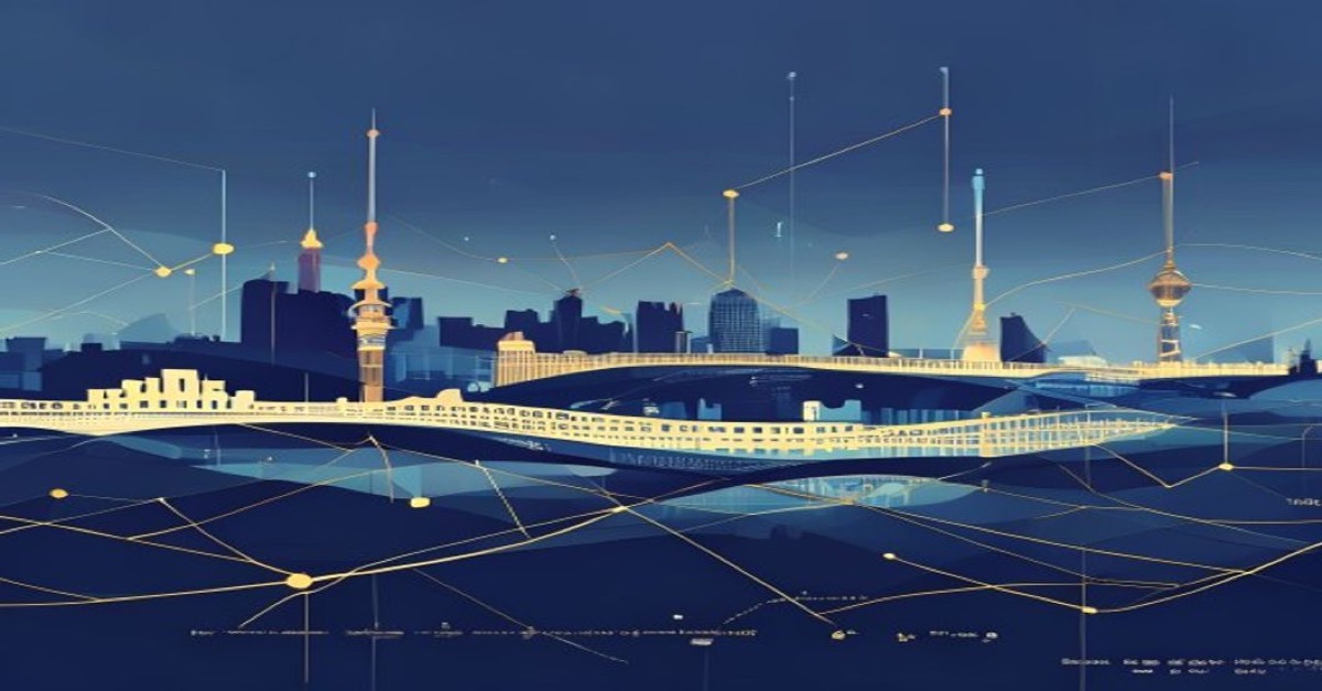 Illustration abstraite de stock options et ESOP au Luxembourg, avec skyline de la ville, tons bleu et or, style corporate minimaliste.