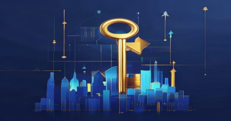 Golden key unlocking a rising stock chart arrow with Luxembourg skyline silhouette, symbolizing employee stock option plan legal and tax guidance in blue and gold tones.