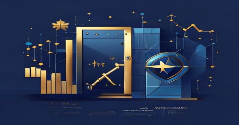 Illustration conceptuelle d'un fonds d'investissement spécialisé luxembourgeois, avec clé dorée, coffre-fort, graphiques financiers et skyline de Luxembourg.
