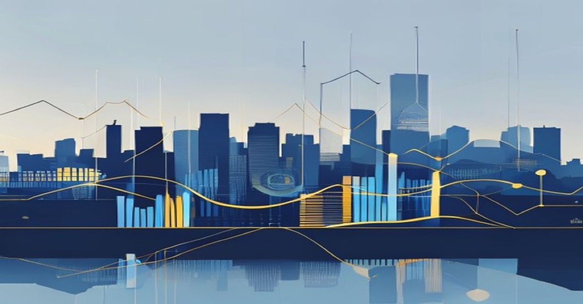 Abstract illustration of Luxembourg skyline with financial symbols in blue and gold tones