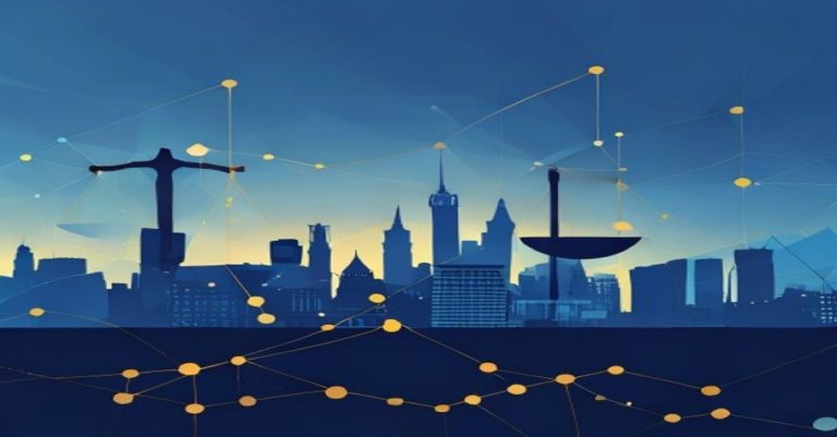 Abstract illustration of Luxembourg skyline with legal and financial symbols in blue and gold tones.