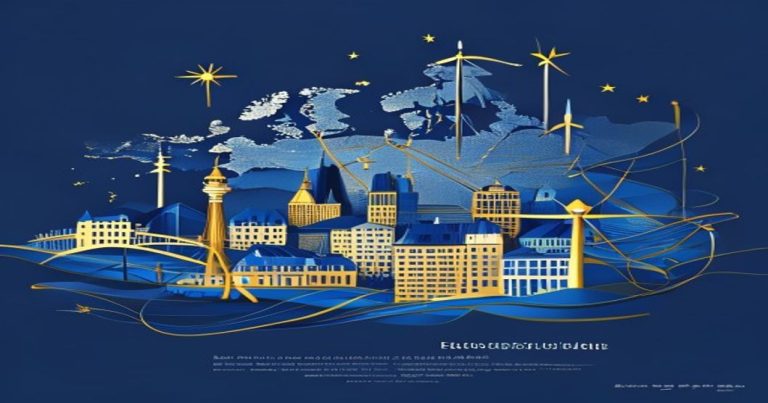 Abstract corporate illustration of Luxembourg as a hub for European long-term investment funds, featuring infrastructure, real estate, and SME symbols in blue and gold.