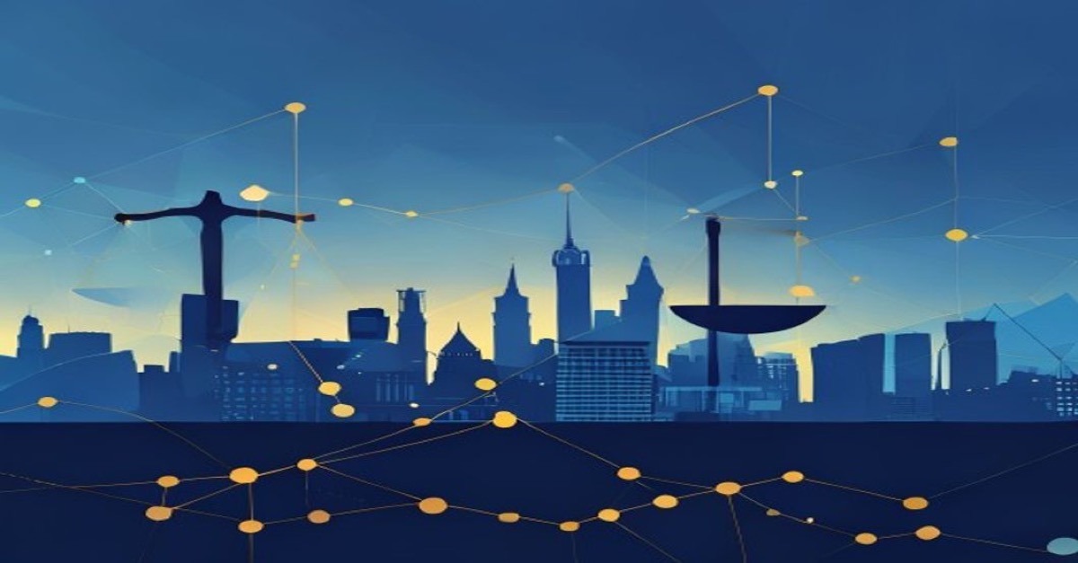 Abstract illustration of Luxembourg skyline with legal and financial symbols in blue and gold tones.