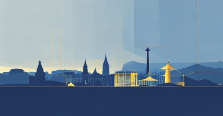 Illustration representant le sujet de larticle, skyline de Luxembourg, tons bleu et or