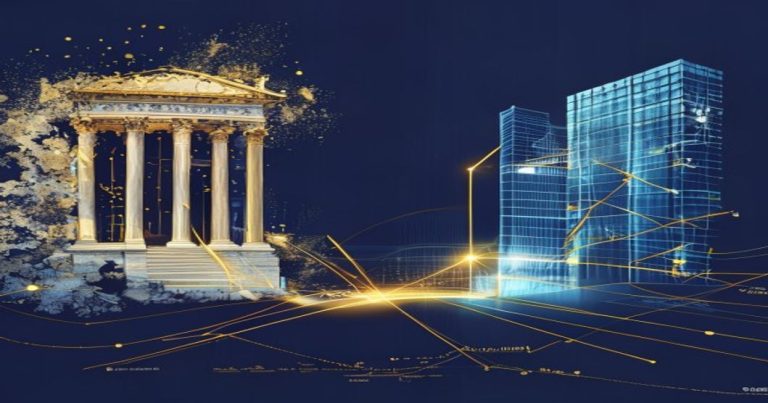 Abstract corporate illustration of the transition from the old 1929 Luxembourg holding regime to modern SOPARFI structures, with a classical building fading into a modern skyscraper, in blue and gold tones.