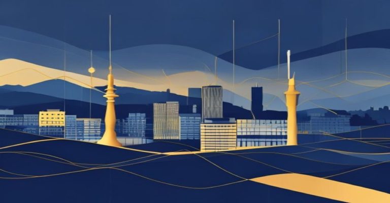 Abstract illustration representing the article topic, Luxembourg skyline, blue and gold tones