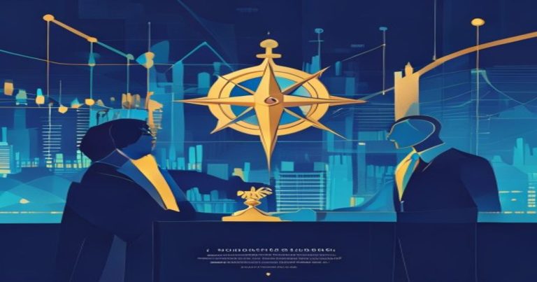 Illustration conceptuelle du choix d'une fiduciaire au Luxembourg avec boussole dorée, poignée de main abstraite et skyline en tons bleu et or.