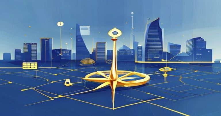 Elegant corporate illustration of a golden compass over a blue Luxembourg skyline, with abstract financial service icons representing fiduciaire selection.