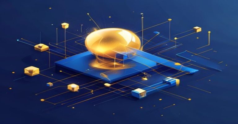 Illustration abstraite d'une structure de holding financière avec des connexions en réseau, tons bleu et or, symbolisant l'optimisation fiscale au Luxembourg.