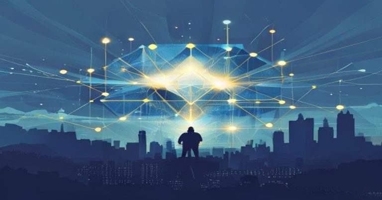Stylized corporate illustration of a holding company structure with interconnected nodes in blue and gold tones, symbolizing tax-efficient Luxembourg SOPARFI.