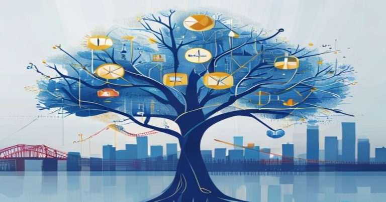 Illustration d'une structure de holding financière Soparfi luxembourgeoise avec des connexions en réseau, des symboles financiers et la silhouette de la ville de Luxembourg, dans des tons bleu et or.
