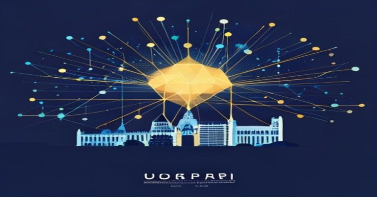 Abstract corporate illustration of a Luxembourg SOPARFI holding company as a central golden node with blue connections to subsidiaries, set against a Luxembourg skyline silhouette in blue and gold tones.