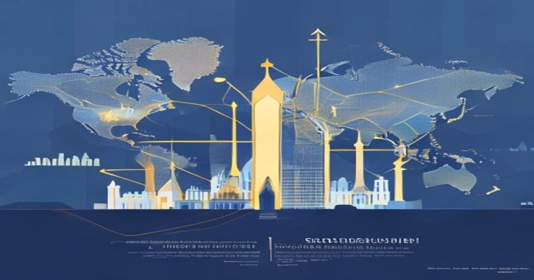 Illustration d'une structure de holding SOPARFI luxembourgeoise avec connexions internationales, en tons bleu et or.