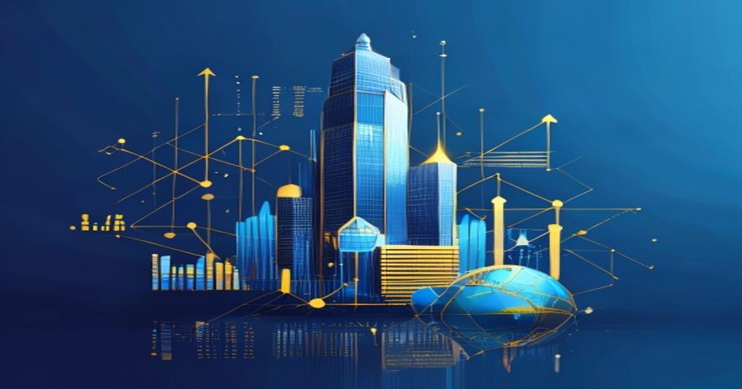 Elegant corporate illustration of a Luxembourg holding company structure with a glass skyscraper, golden financial connections, and a globe highlighting Luxembourg, in blue and gold tones.
