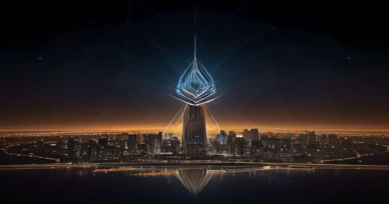 Illustration corporate bleu et or représentant une structure de holding SOPARFI au Luxembourg, avec des nœuds interconnectés, des éléments de conformité financière et un paysage urbain stylisé, sans texte ni visage.