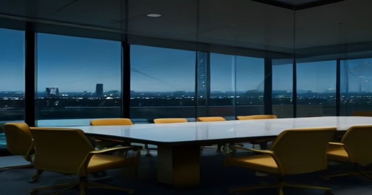 Illustration corporate élégante d'une structure de holding financière luxembourgeoise Soparfi, avec réseau de participations dorées et ambiance bureau exécutif en tons bleu et or, sans texte.