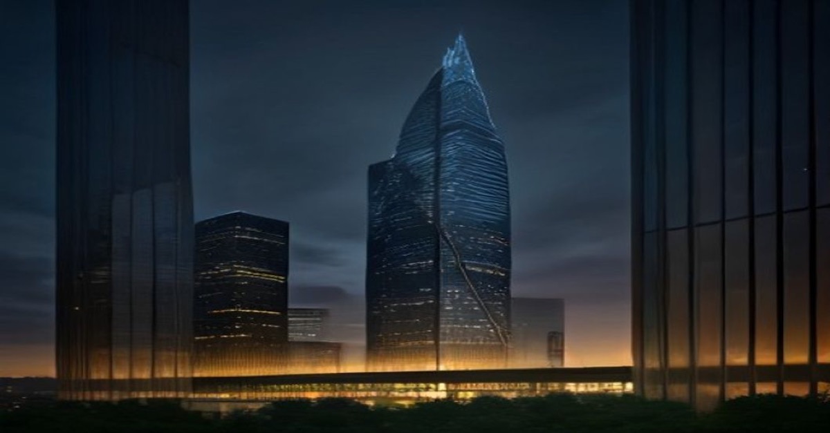 Corporate illustration of Luxembourg financial district with legal structure blueprints and golden investment charts in blue and gold tones