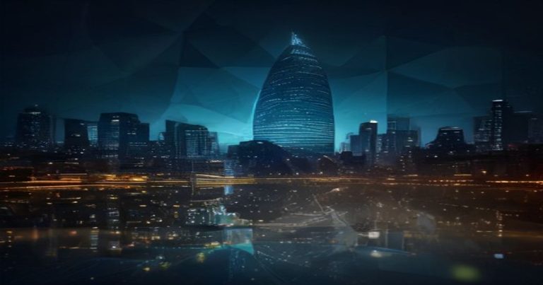 Illustration corporate élégante aux tons bleu et or représentant le Luxembourg comme place financière internationale et le cadre juridique du RAIF, avec des architectures modernes et des structures géométriques interconnectées symbolisant les fonds d'investissement.