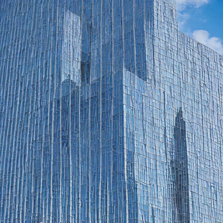 Illustration d'une structure de holding financière luxembourgeoise avec gratte-ciel central et réseau d'entreprises, tons bleu et or.