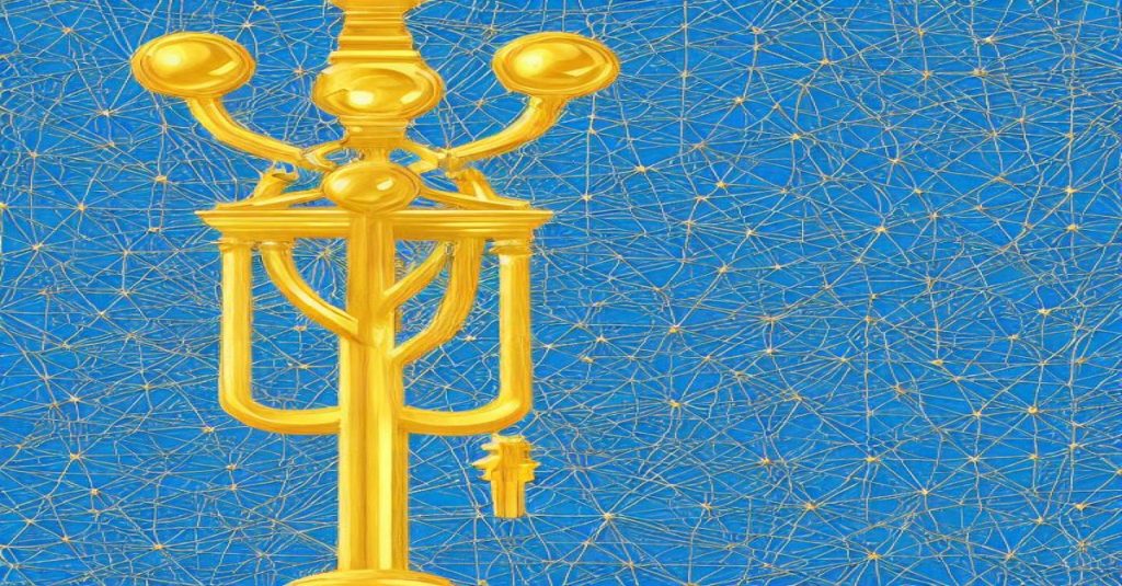 Stylized illustration of a modern building with classical base and transparent dome containing network nodes, in blue and gold, symbolizing RAIF law.