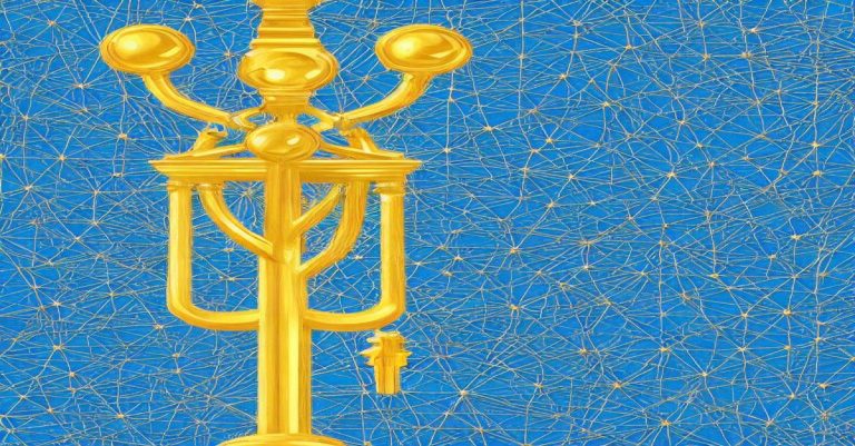 Stylized illustration of a modern building with classical base and transparent dome containing network nodes, in blue and gold, symbolizing RAIF law.